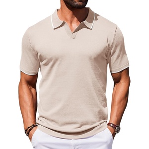 COOFANDY Mens Polo Shirts Short Sleeve Casual Knit Polo Shirt Golf T Shirt | Vintage V-Neck Polo,Retro Contrast Collar,Soft Breathable Knit,Stretch Ribbed Hem,Old Money Style,Vacation Outfits,Casual,70S(Khaki)