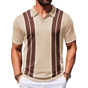 COOFANDY Mens Polo Shirts Short Sleeve Casual Knit Polo Shirt Golf T Shirt | Vintage V-Neck Polo,Retro Contrast Collar,Soft Breathable Knit,Stretch Ribbed Hem,Old Money Style,Vacation Outfits,Casual,70S(White & Brown)