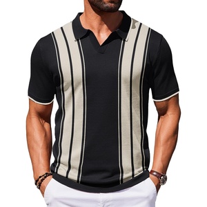COOFANDY Mens Polo Shirts Short Sleeve Casual Knit Polo Shirt Golf T Shirt | Vintage V-Neck Polo,Retro Contrast Collar,Soft Breathable Knit,Stretch Ribbed Hem,Old Money Style,Vacation Outfits,Casual,70S(Black & Beige)