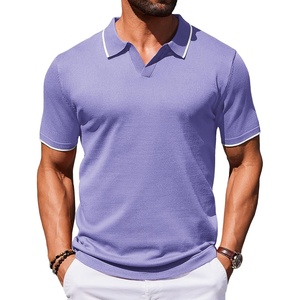 COOFANDY Mens Polo Shirts Short Sleeve Casual Knit Polo Shirt Golf T Shirt | Vintage V-Neck Polo,Retro Contrast Collar,Soft Breathable Knit,Stretch Ribbed Hem,Old Money Style,Vacation Outfits,Casual,70S(Purple)