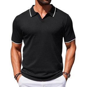 COOFANDY Mens Polo Shirts Short Sleeve Casual Knit Polo Shirt Golf T Shirt | Vintage V-Neck Polo,Retro Contrast Collar,Soft Breathable Knit,Stretch Ribbed Hem,Old Money Style,Vacation Outfits,Casual,70S(Black)