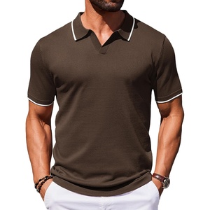 COOFANDY Mens Polo Shirts Short Sleeve Casual Knit Polo Shirt Golf T Shirt | Vintage V-Neck Polo,Retro Contrast Collar,Soft Breathable Knit,Stretch Ribbed Hem,Old Money Style,Vacation Outfits,Casual,70S(Chestnut Brown)