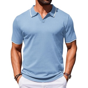 COOFANDY Mens Polo Shirts Short Sleeve Casual Knit Polo Shirt Golf T Shirt | Vintage V-Neck Polo,Retro Contrast Collar,Soft Breathable Knit,Stretch Ribbed Hem,Old Money Style,Vacation Outfits,Casual,70S(Blue)