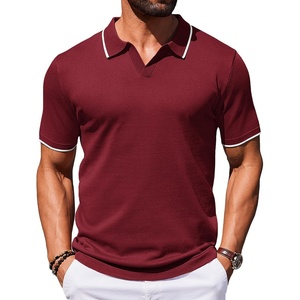 COOFANDY Mens Polo Shirts Short Sleeve Casual Knit Polo Shirt Golf T Shirt | Vintage V-Neck Polo,Retro Contrast Collar,Soft Breathable Knit,Stretch Ribbed Hem,Old Money Style,Vacation Outfits,Casual,70S(Wine Red)
