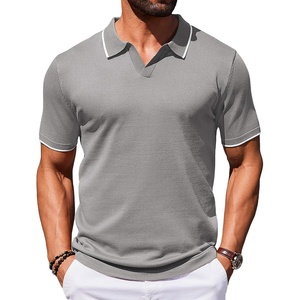 COOFANDY Mens Polo Shirts Short Sleeve Casual Knit Polo Shirt Golf T Shirt | Vintage V-Neck Polo,Retro Contrast Collar,Soft Breathable Knit,Stretch Ribbed Hem,Old Money Style,Vacation Outfits,Casual,70S(Light Grey)