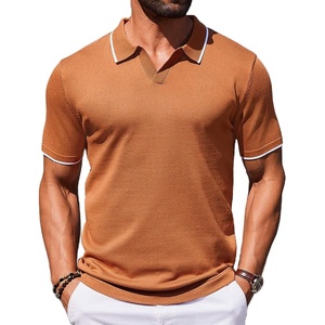 COOFANDY Mens Polo Shirts Short Sleeve Casual Knit Polo Shirt Golf T Shirt | Vintage V-Neck Polo,Retro Contrast Collar,Soft Breathable Knit,Stretch Ribbed Hem,Old Money Style,Vacation Outfits,Casual,70S(Brown)