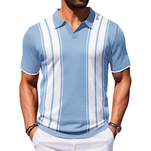COOFANDY Mens Polo Shirts Short Sleeve Casual Knit Polo Shirt Golf T Shirt | Vintage V-Neck Polo,Retro Contrast Collar,Soft Breathable Knit,Stretch Ribbed Hem,Old Money Style,Vacation Outfits,Casual,70S(Light Blue & White)
