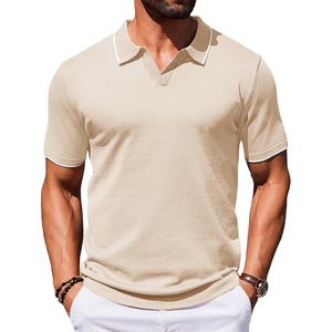 COOFANDY Mens Polo Shirts Short Sleeve Casual Knit Polo Shirt Golf T Shirt | Vintage V-Neck Polo,Retro Contrast Collar,Soft Breathable Knit,Stretch Ribbed Hem,Old Money Style,Vacation Outfits,Casual,70S(Champagne)