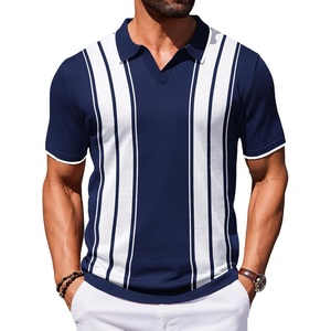 COOFANDY Mens Polo Shirts Short Sleeve Casual Knit Polo Shirt Golf T Shirt | Vintage V-Neck Polo,Retro Contrast Collar,Soft Breathable Knit,Stretch Ribbed Hem,Old Money Style,Vacation Outfits,Casual,70S(Navy Blue & White)