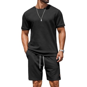 COOFANDY Men’s Two-Piece Set Wrinkle-Resistant Stretch Short-Sleeve T-Shirt and Shorts Summer Casual Textured Outfits(Black)