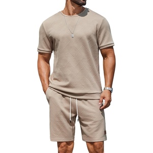 COOFANDY Men’s Two-Piece Set Wrinkle-Resistant Stretch Short-Sleeve T-Shirt and Shorts Summer Casual Textured Outfits(Khaki)