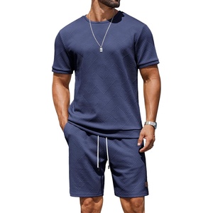 COOFANDY Men’s Two-Piece Set Wrinkle-Resistant Stretch Short-Sleeve T-Shirt and Shorts Summer Casual Textured Outfits(Navy Blue)