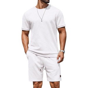 COOFANDY Men’s Two-Piece Set Wrinkle-Resistant Stretch Short-Sleeve T-Shirt and Shorts Summer Casual Textured Outfits(White)