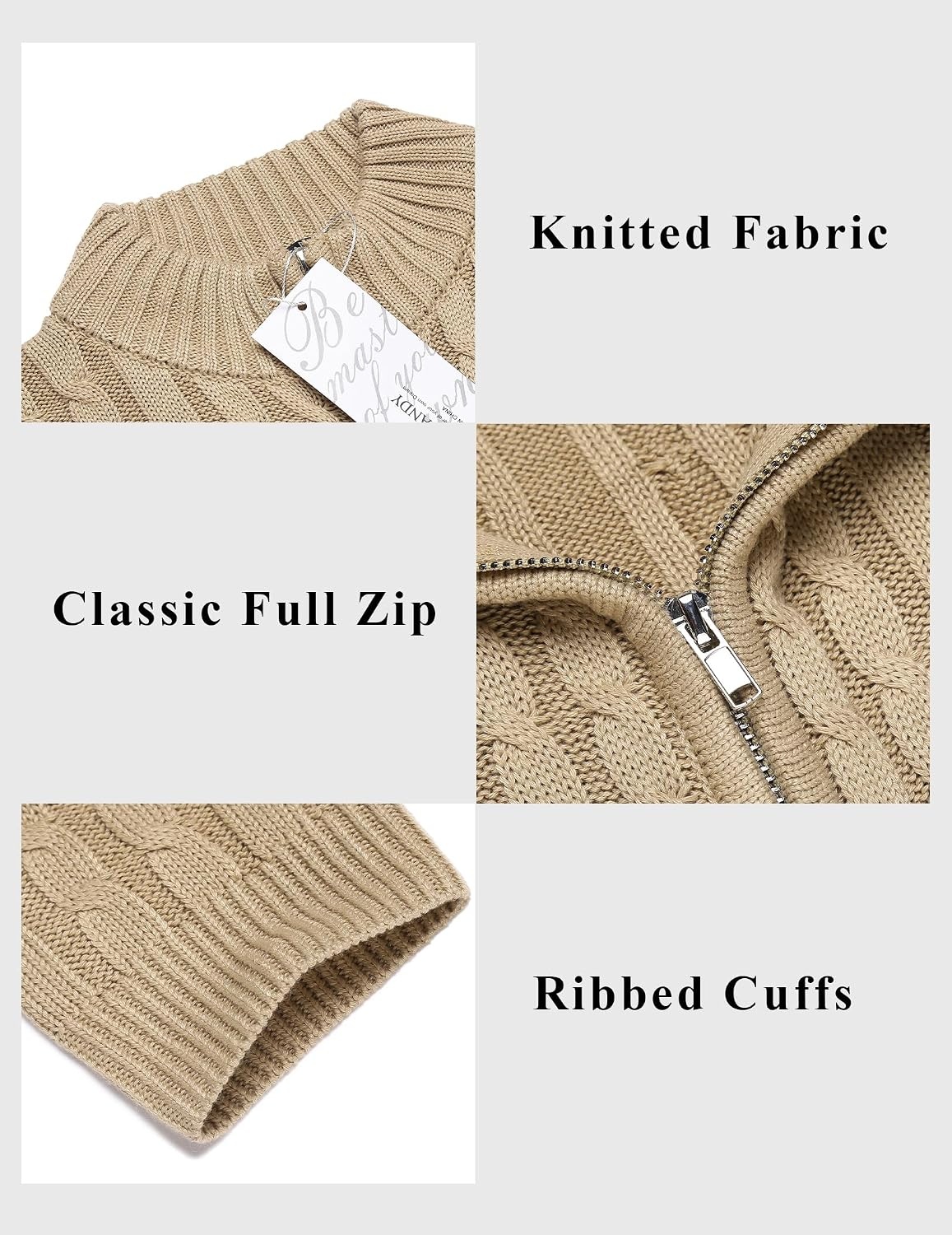 image:imageCOOFANDY Mens Cardigan Sweater Cable Knitted Full Zip Sweaters with Pockets Warm Ribbed Cuff Zip Sweater Two Front Pockets Sweater for Fall amp Winter Casual amp Christmas GiftKhaki