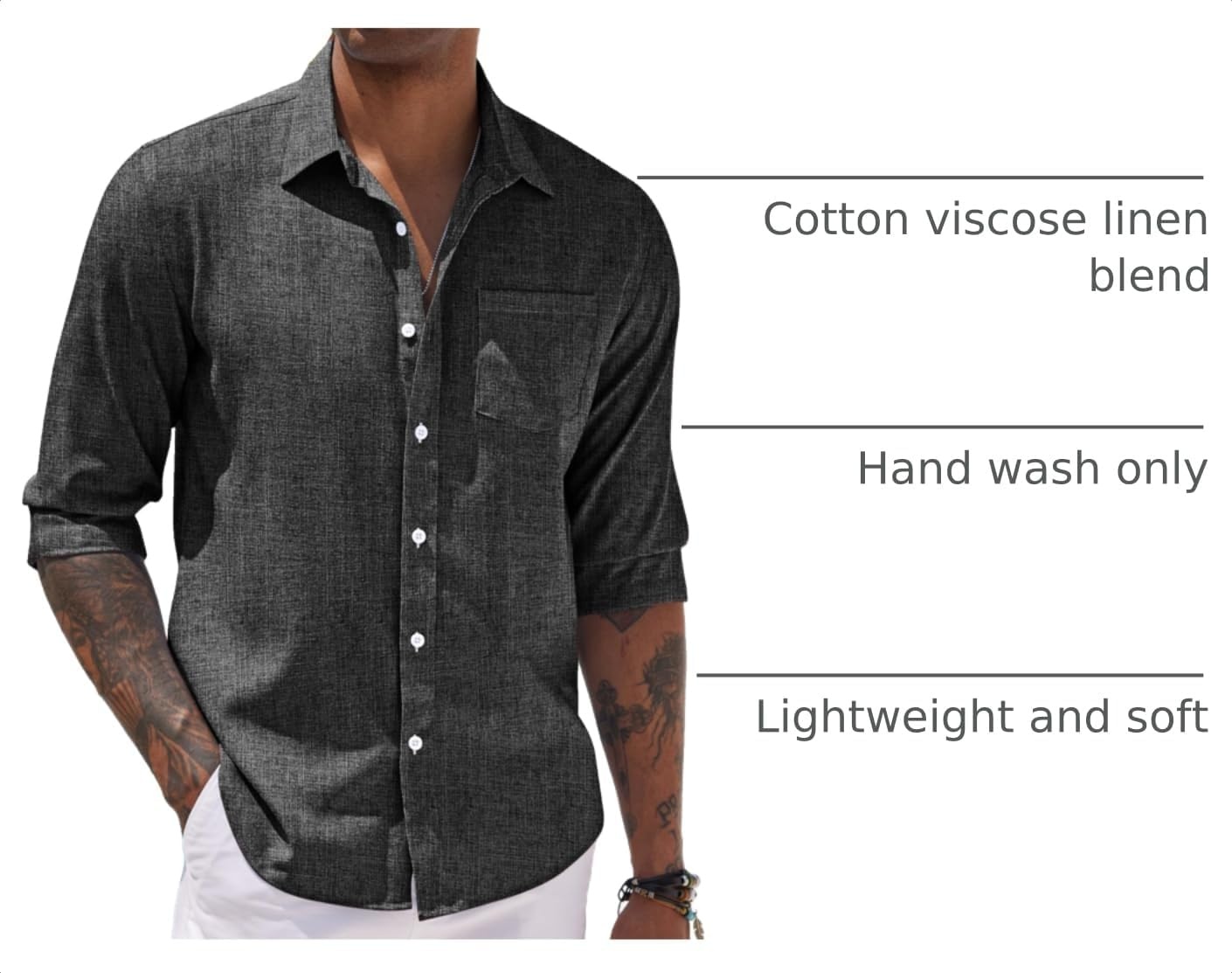 image:imageCOOFANDY Mens Cotton Linen Button Down Shirts Long Sleeve Casual Summer Beach Shirts for Men1 Black