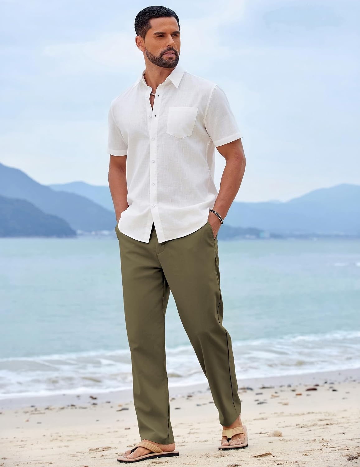 image:imageCOOFANDY Mens Cotton Linen Pants Casual Lightweight Summer Beach Dress Pant Light Weight Drawstring Elastic Waist Stretch Soft Breathable Classic Fit Summer VacationOlive Green