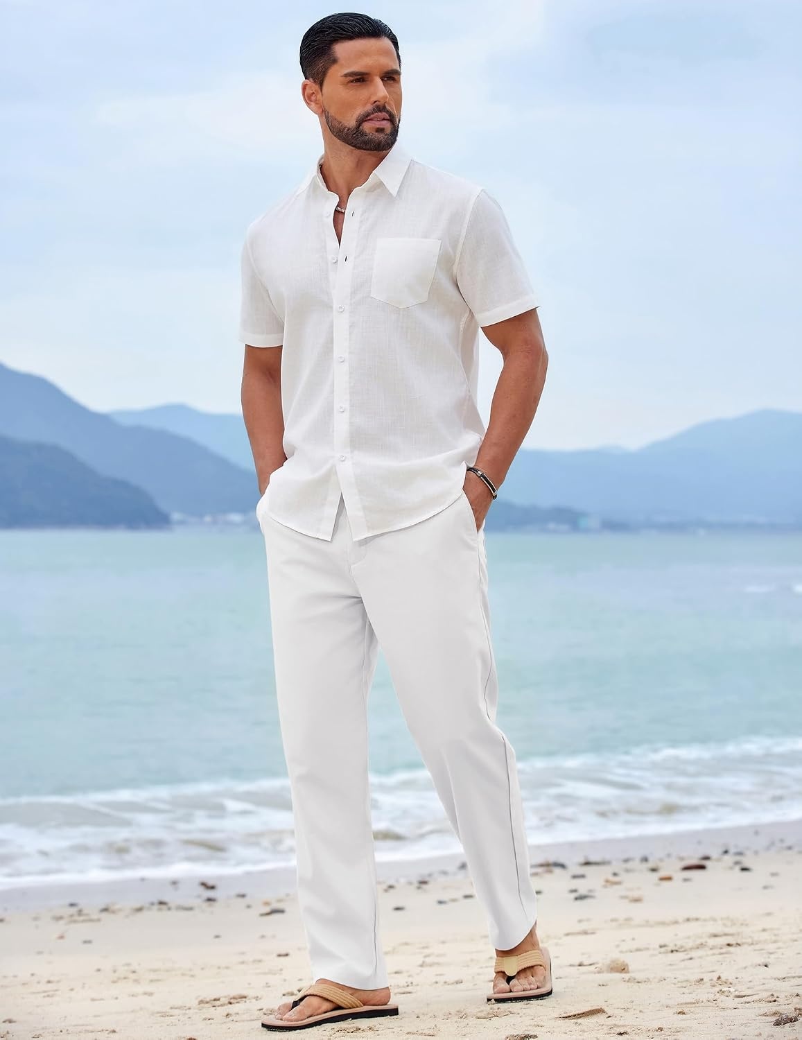 image:imageCOOFANDY Mens Cotton Linen Pants Casual Lightweight Summer Beach Dress Pant Light Weight Drawstring Elastic Waist Stretch Soft Breathable Classic Fit Summer VacationWhite
