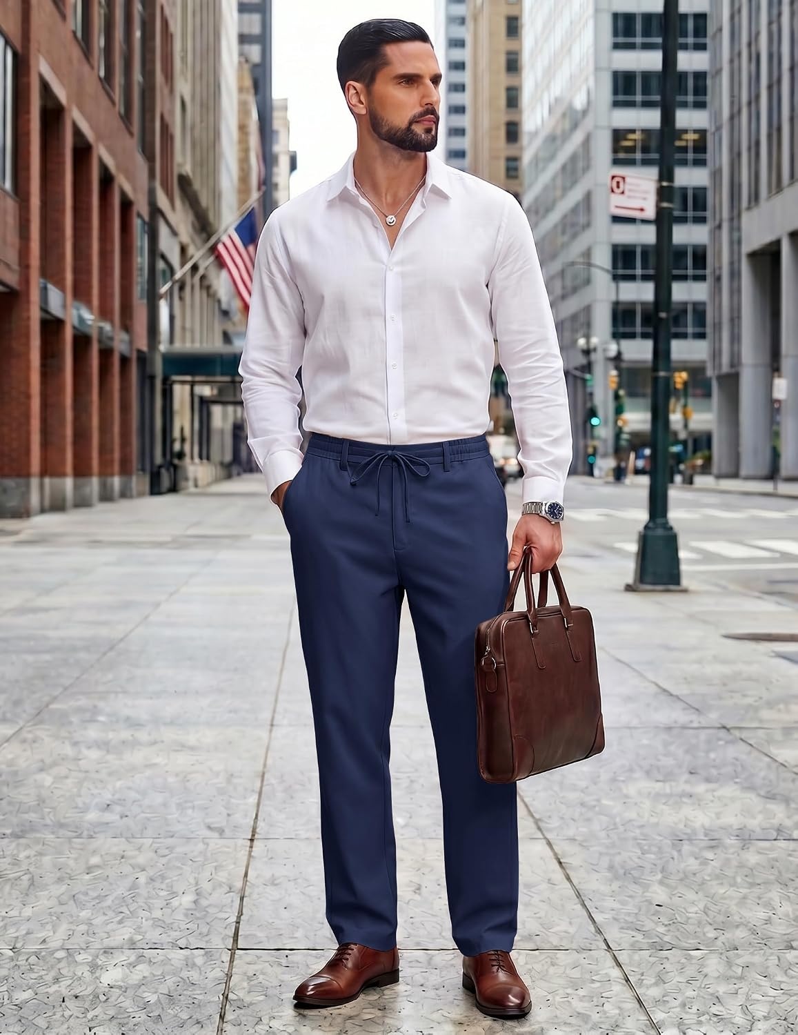image:imageCOOFANDY Mens Cotton Linen Pants Casual Lightweight Summer Beach Dress Pant Light Weight Drawstring Elastic Waist Stretch Soft Breathable Classic Fit Summer VacationNavy Blue