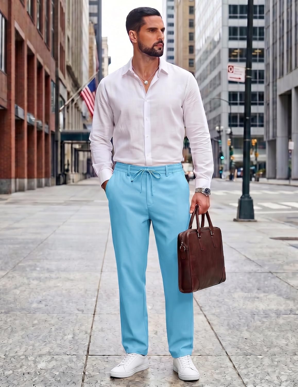 image:imageCOOFANDY Mens Cotton Linen Pants Casual Lightweight Summer Beach Dress Pant Light Weight Drawstring Elastic Waist Stretch Soft Breathable Classic Fit Summer VacationSky Blue