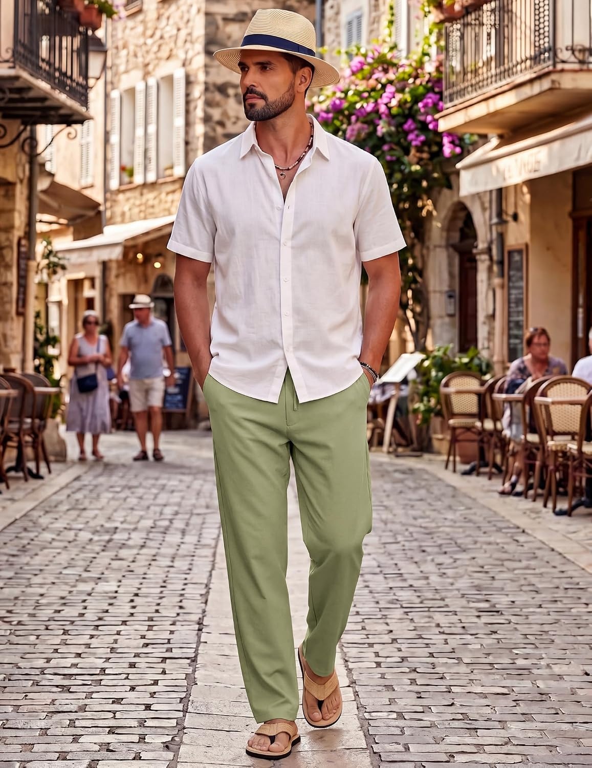 image:imageCOOFANDY Mens Cotton Linen Pants Casual Lightweight Summer Beach Dress Pant Light Weight Drawstring Elastic Waist Stretch Soft Breathable Classic Fit Summer VacationArtichoke Green