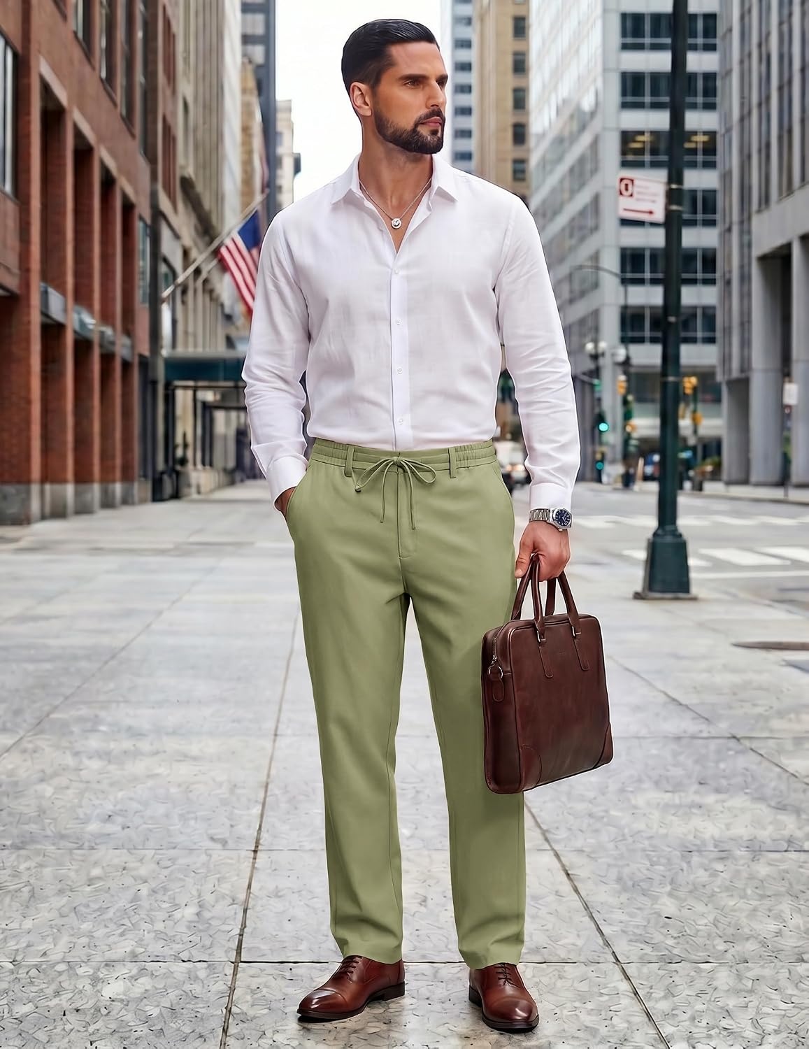 image:imageCOOFANDY Mens Cotton Linen Pants Casual Lightweight Summer Beach Dress Pant Light Weight Drawstring Elastic Waist Stretch Soft Breathable Classic Fit Summer VacationArtichoke Green