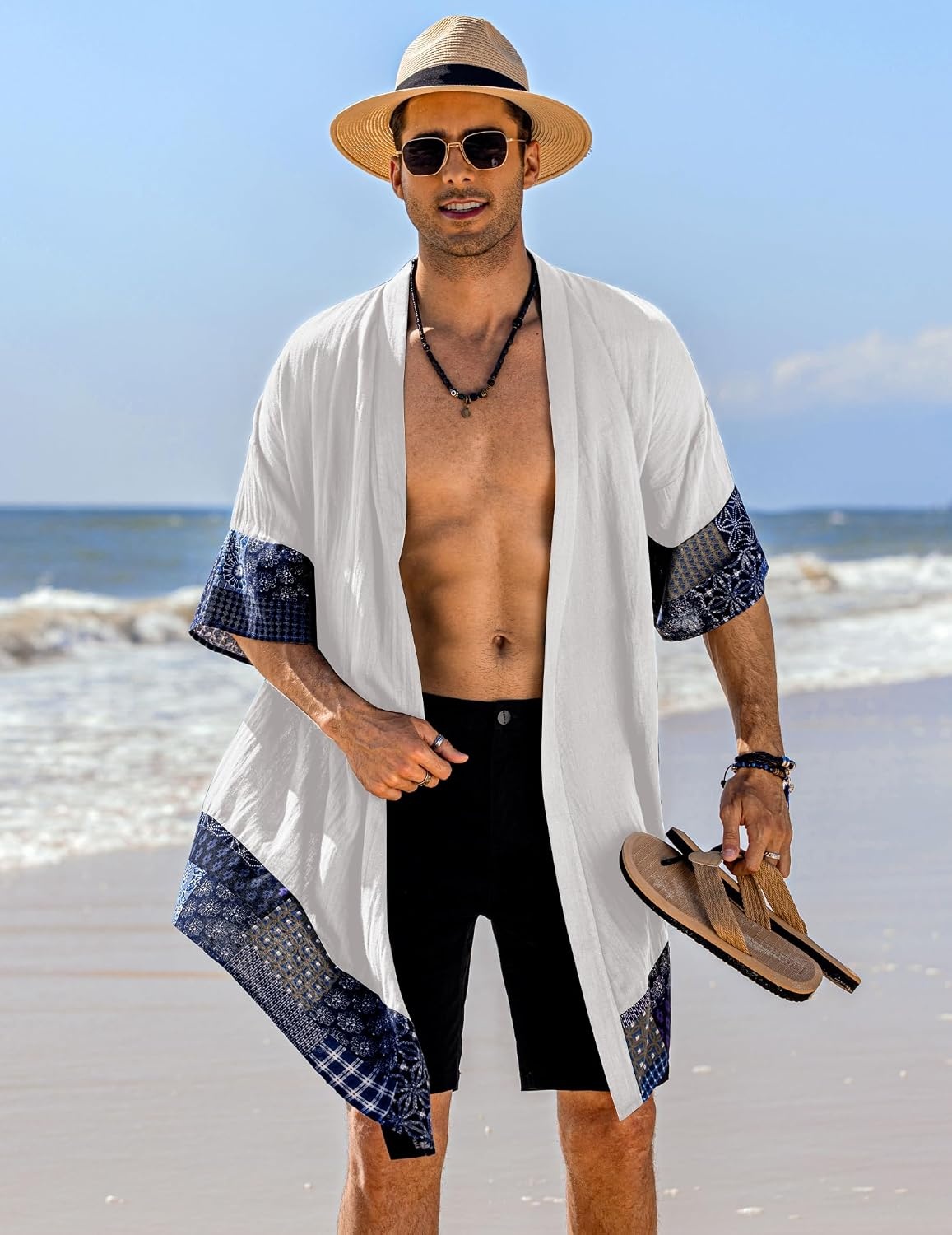 image:imageCOOFANDY Mens Long Shawl Collar Linen Cardigan Lightweight Kimono Robe Open Front Drape Cape Kaftan Summer Beach Pool Cover Up Burning Man Rave Festival Outfits Cardigan JacketsWhite
