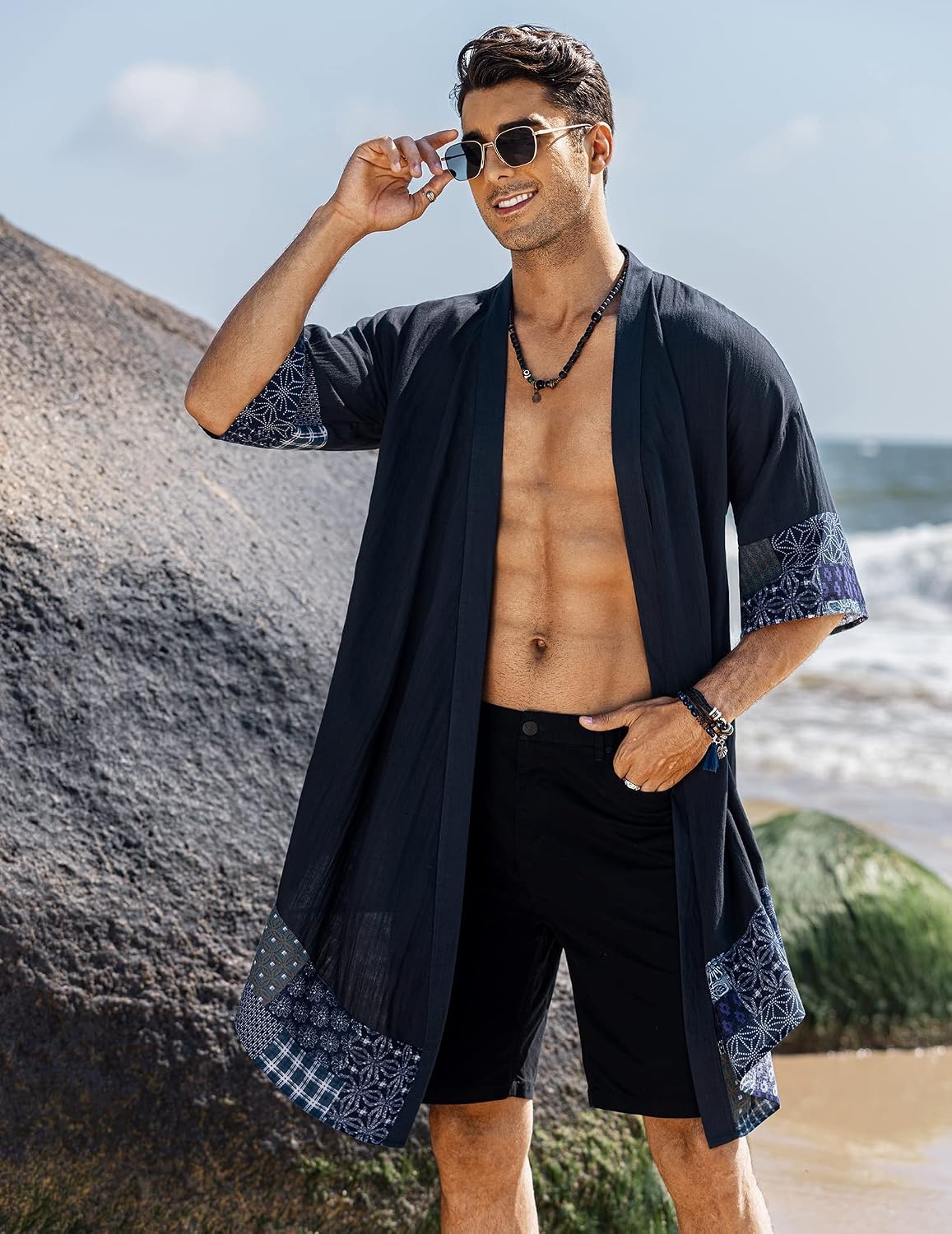 image:imageCOOFANDY Mens Long Shawl Collar Linen Cardigan Lightweight Kimono Robe Open Front Drape Cape Kaftan Summer Beach Pool Cover Up Burning Man Rave Festival Outfits Cardigan JacketsNavy Blue