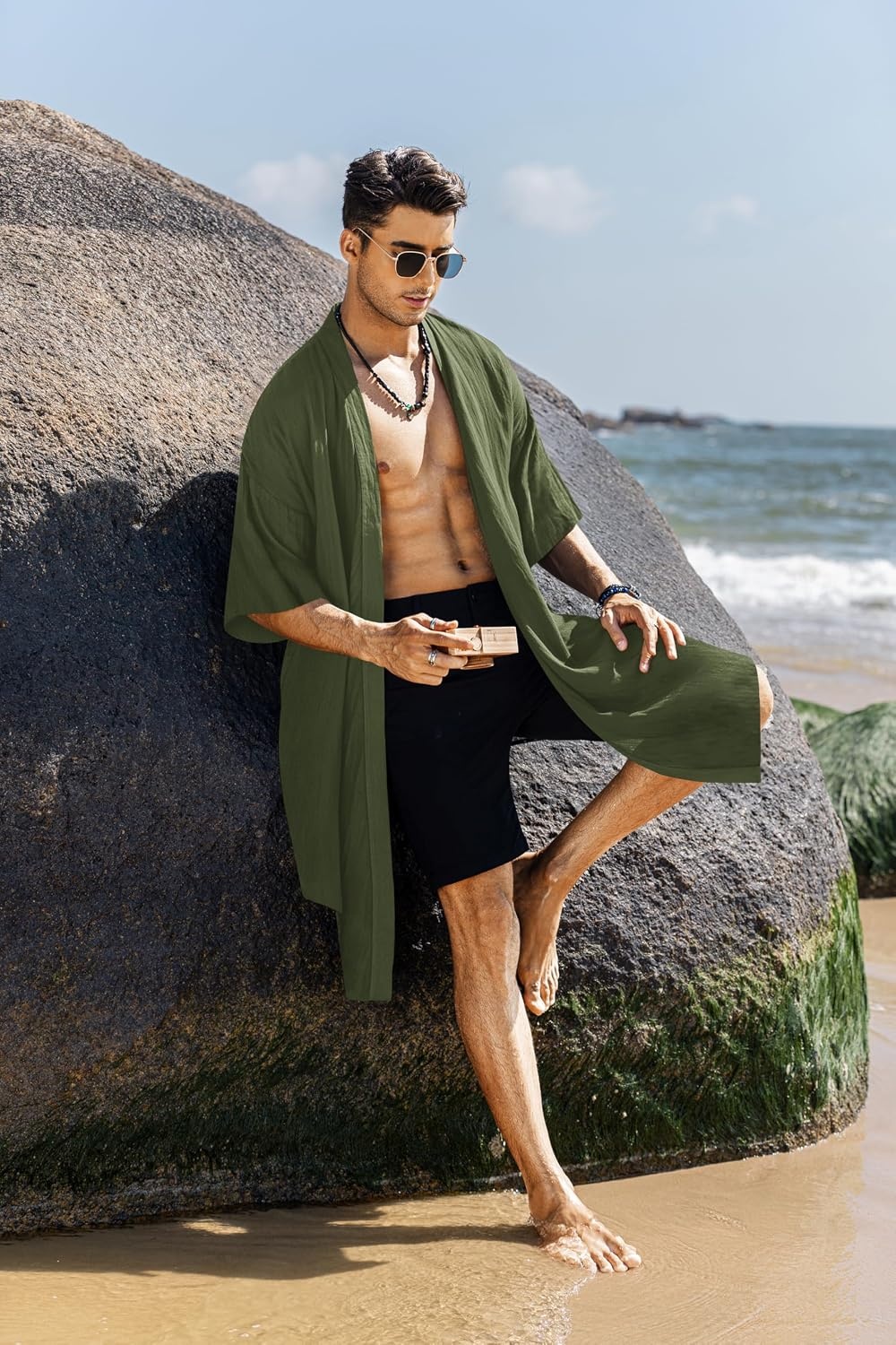 image:imageCOOFANDY Mens Long Shawl Collar Linen Cardigan Lightweight Kimono Robe Open Front Drape Cape Kaftan Summer Beach Pool Cover Up Burning Man Rave Festival Outfits Cardigan JacketsArmy Green