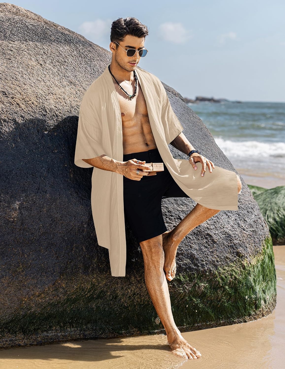 image:imageCOOFANDY Mens Long Shawl Collar Linen Cardigan Lightweight Kimono Robe Open Front Drape Cape Kaftan Summer Beach Pool Cover Up Burning Man Rave Festival Outfits Cardigan JacketsBeige