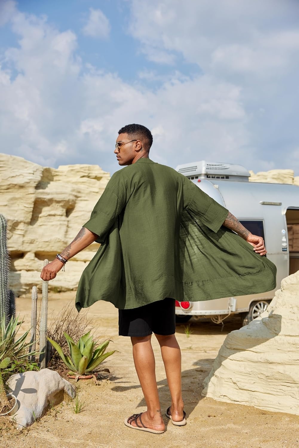 image:imageCOOFANDY Mens Long Shawl Collar Linen Cardigan Lightweight Kimono Robe Open Front Drape Cape Kaftan Summer Beach Pool Cover Up Burning Man Rave Festival Outfits Cardigan JacketsArmy Green