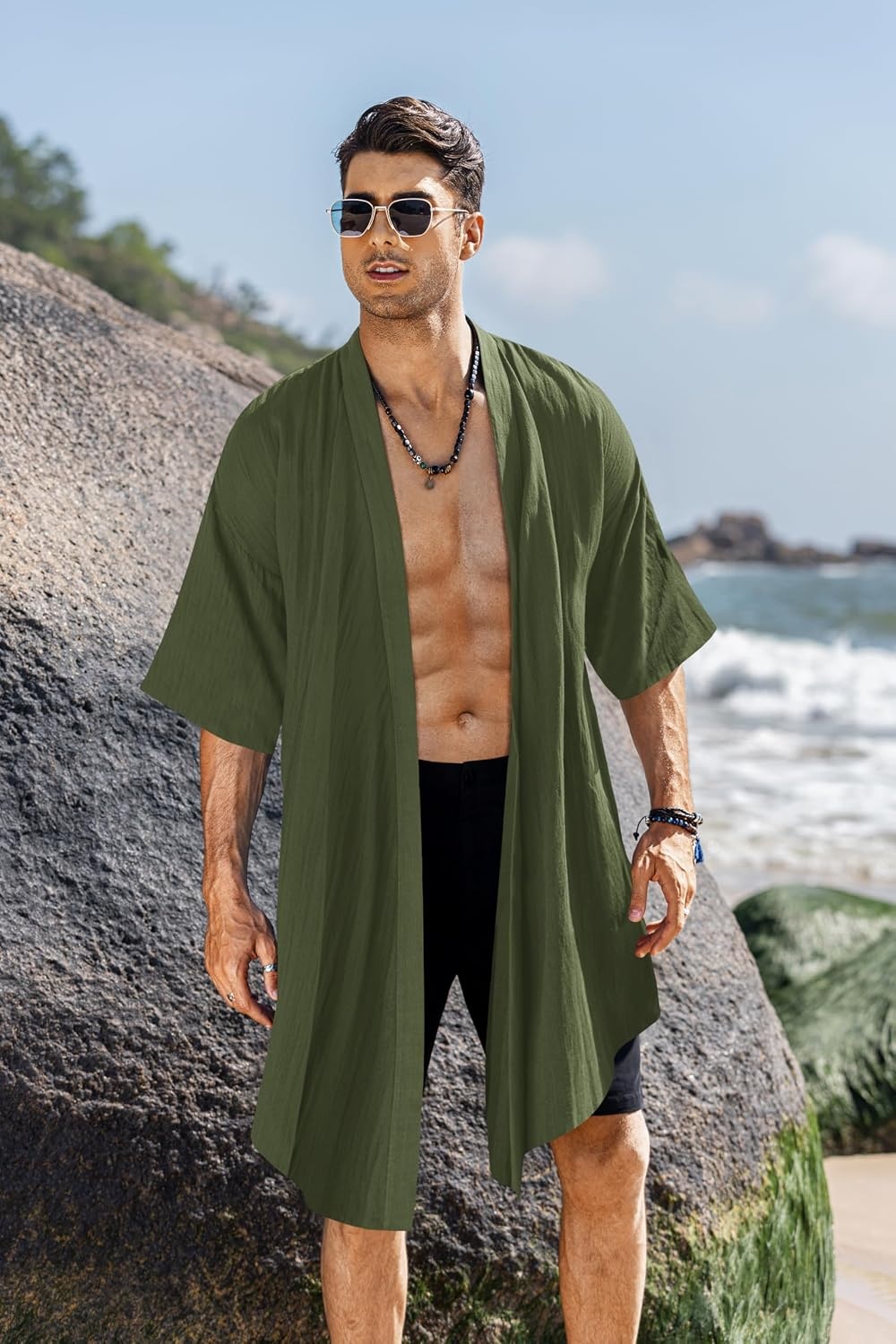 image:imageCOOFANDY Mens Long Shawl Collar Linen Cardigan Lightweight Kimono Robe Open Front Drape Cape Kaftan Summer Beach Pool Cover Up Burning Man Rave Festival Outfits Cardigan JacketsArmy Green