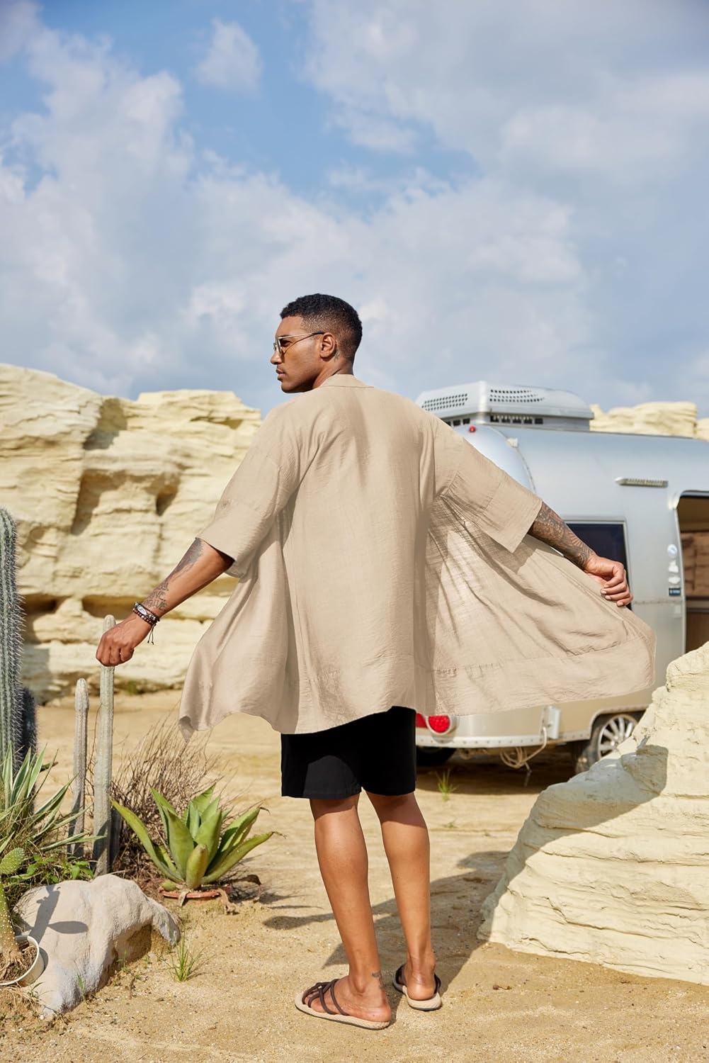 image:imageCOOFANDY Mens Long Shawl Collar Linen Cardigan Lightweight Kimono Robe Open Front Drape Cape Kaftan Summer Beach Pool Cover Up Burning Man Rave Festival Outfits Cardigan JacketsBeige