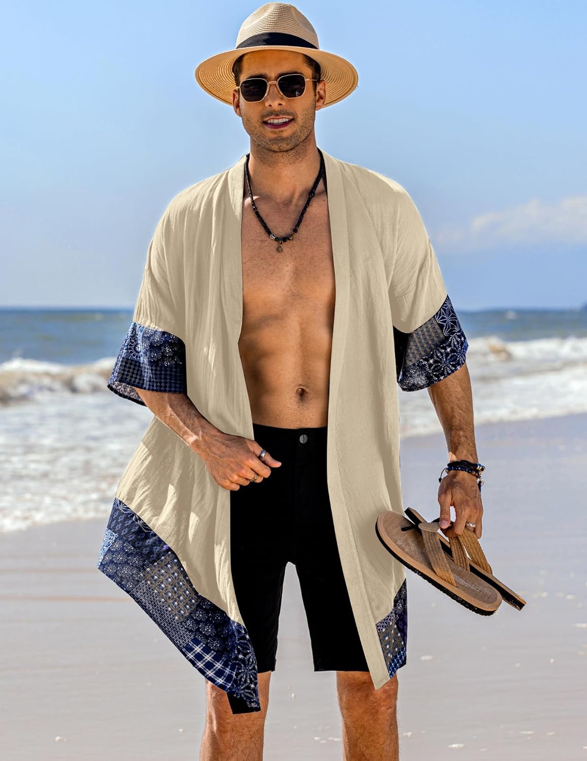 image:imageCOOFANDY Mens Long Shawl Collar Linen Cardigan Lightweight Kimono Robe Open Front Drape Cape Kaftan Summer Beach Pool Cover Up Burning Man Rave Festival Outfits Cardigan JacketsKhaki