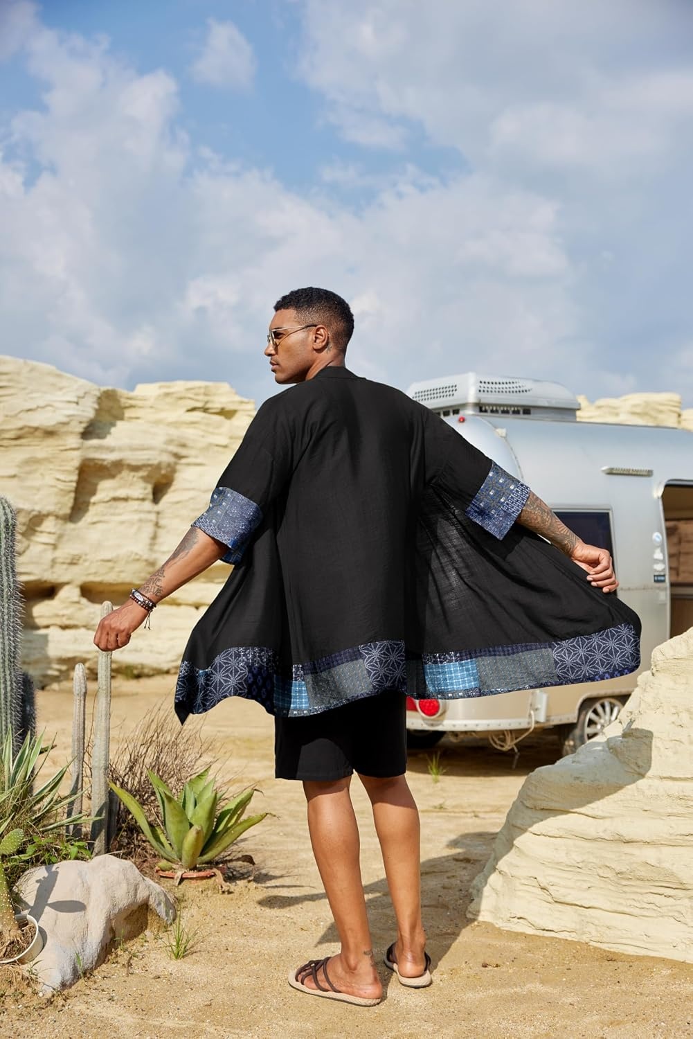 image:imageCOOFANDY Mens Long Shawl Collar Linen Cardigan Lightweight Kimono Robe Open Front Drape Cape Kaftan Summer Beach Pool Cover Up Burning Man Rave Festival Outfits Cardigan JacketsAblack