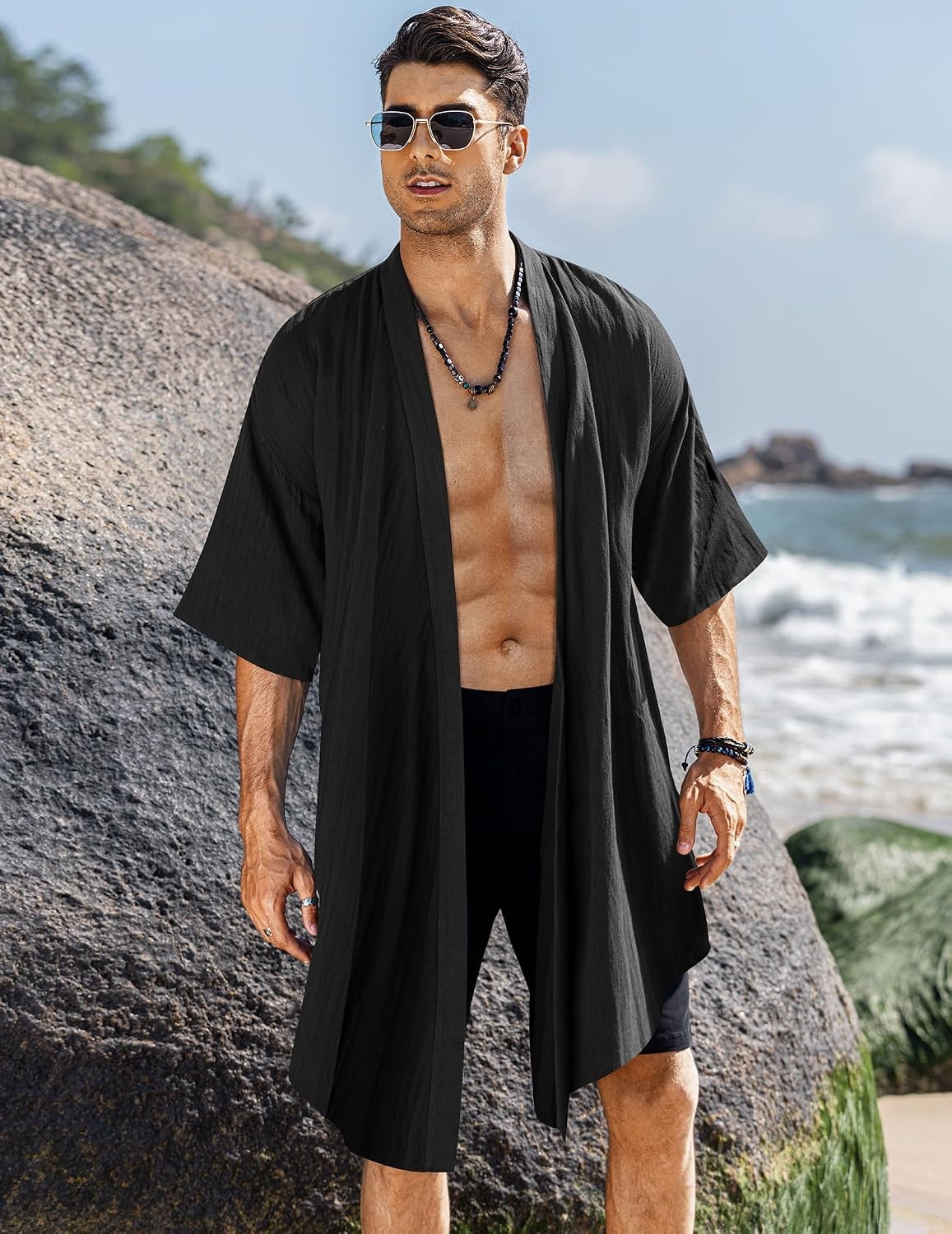 image:imageCOOFANDY Mens Long Shawl Collar Linen Cardigan Lightweight Kimono Robe Open Front Drape Cape Kaftan Summer Beach Pool Cover Up Burning Man Rave Festival Outfits Cardigan JacketsAblack