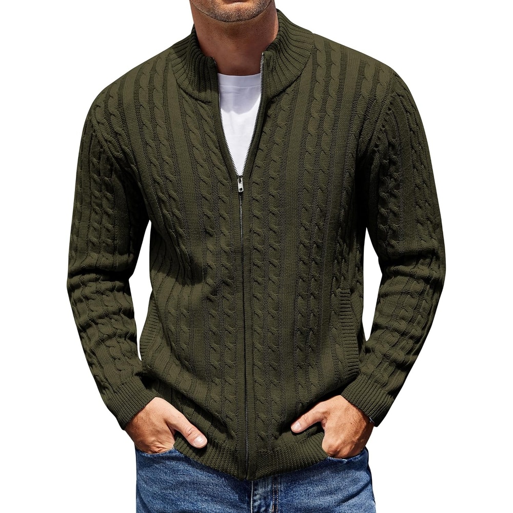 image:imageCOOFANDY Mens Cardigan Sweater Cable Knitted Full Zip Sweaters with Pockets Warm Ribbed Cuff Zip Sweater Two Front Pockets Sweater for Fall amp Winter Casual amp Christmas GiftArmy Green