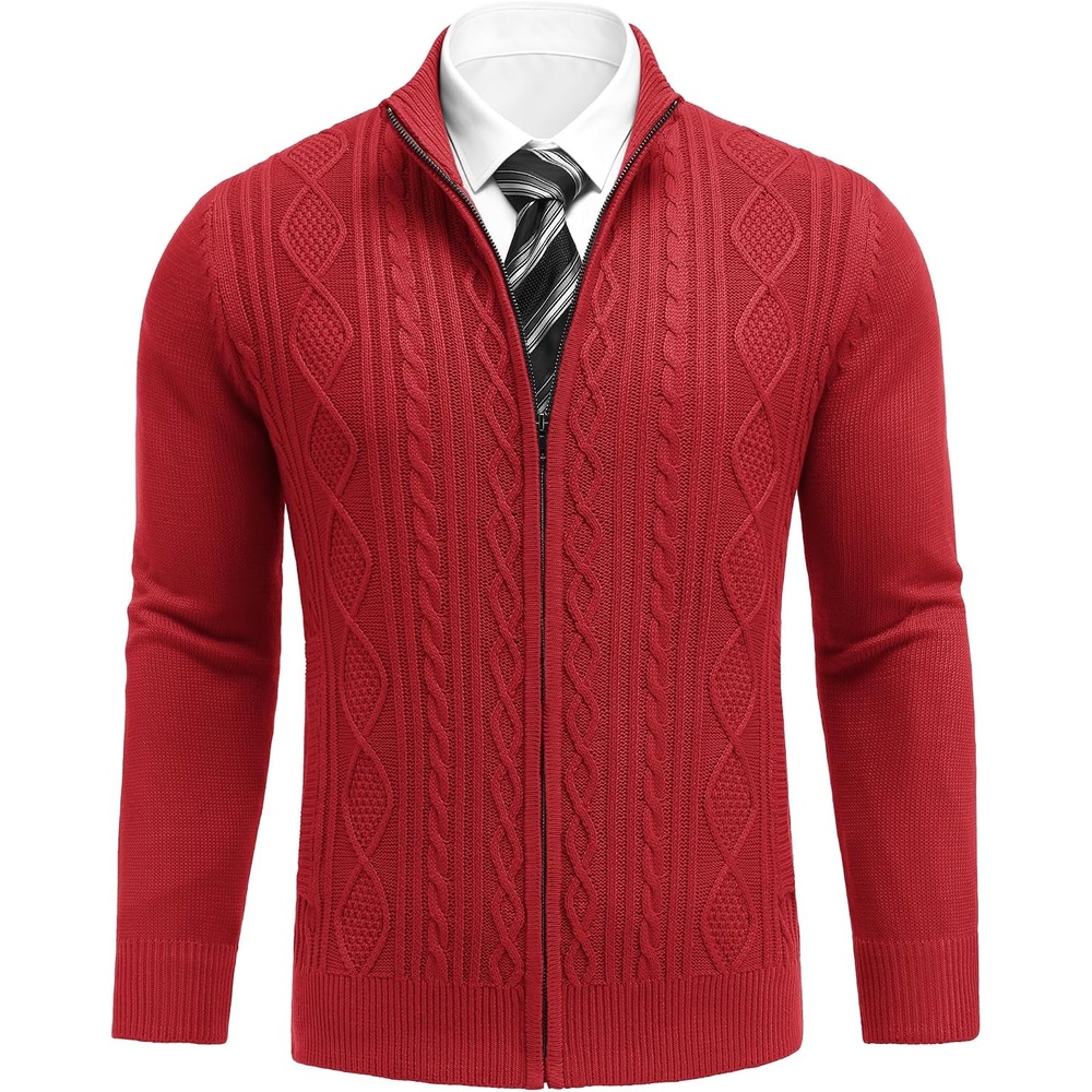 image:imageCOOFANDY Mens Cardigan Sweater Cable Knitted Full Zip Sweaters with Pockets Warm Ribbed Cuff Zip Sweater Two Front Pockets Sweater for Fall amp Winter Casual amp Christmas Gift02 Wine Red