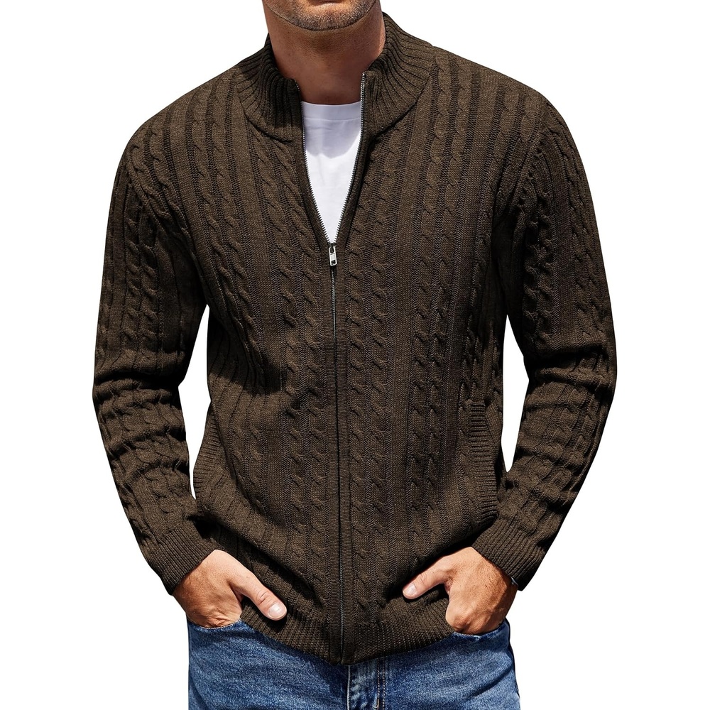 image:imageCOOFANDY Mens Cardigan Sweater Cable Knitted Full Zip Sweaters with Pockets Warm Ribbed Cuff Zip Sweater Two Front Pockets Sweater for Fall amp Winter Casual amp Christmas GiftBrown