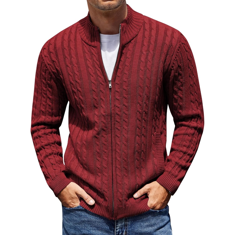 image:imageCOOFANDY Mens Cardigan Sweater Cable Knitted Full Zip Sweaters with Pockets Warm Ribbed Cuff Zip Sweater Two Front Pockets Sweater for Fall amp Winter Casual amp Christmas GiftWine Red