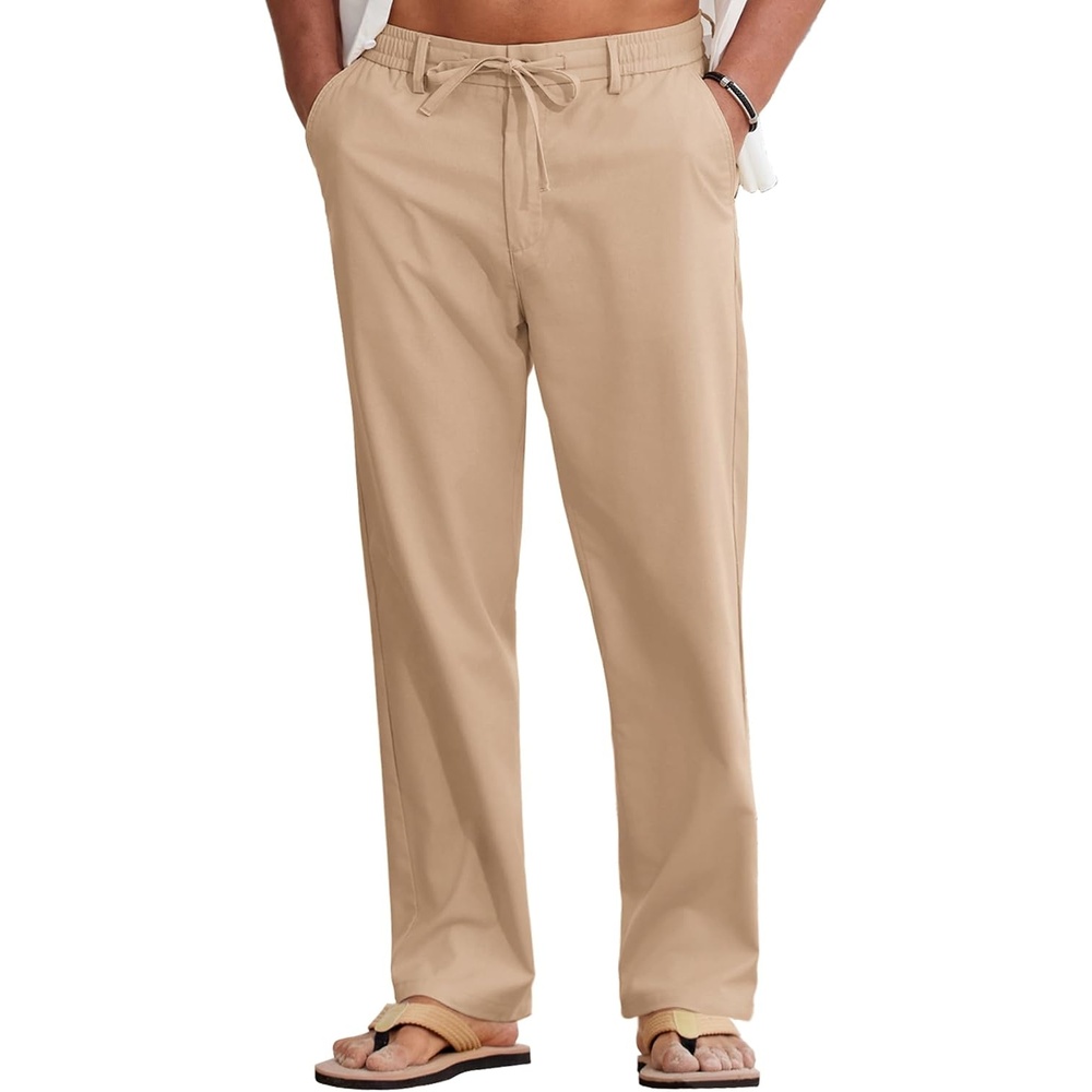 image:imageCOOFANDY Mens Cotton Linen Pants Casual Lightweight Summer Beach Dress Pant Light Weight Drawstring Elastic Waist Stretch Soft Breathable Classic Fit Summer VacationDark Khaki