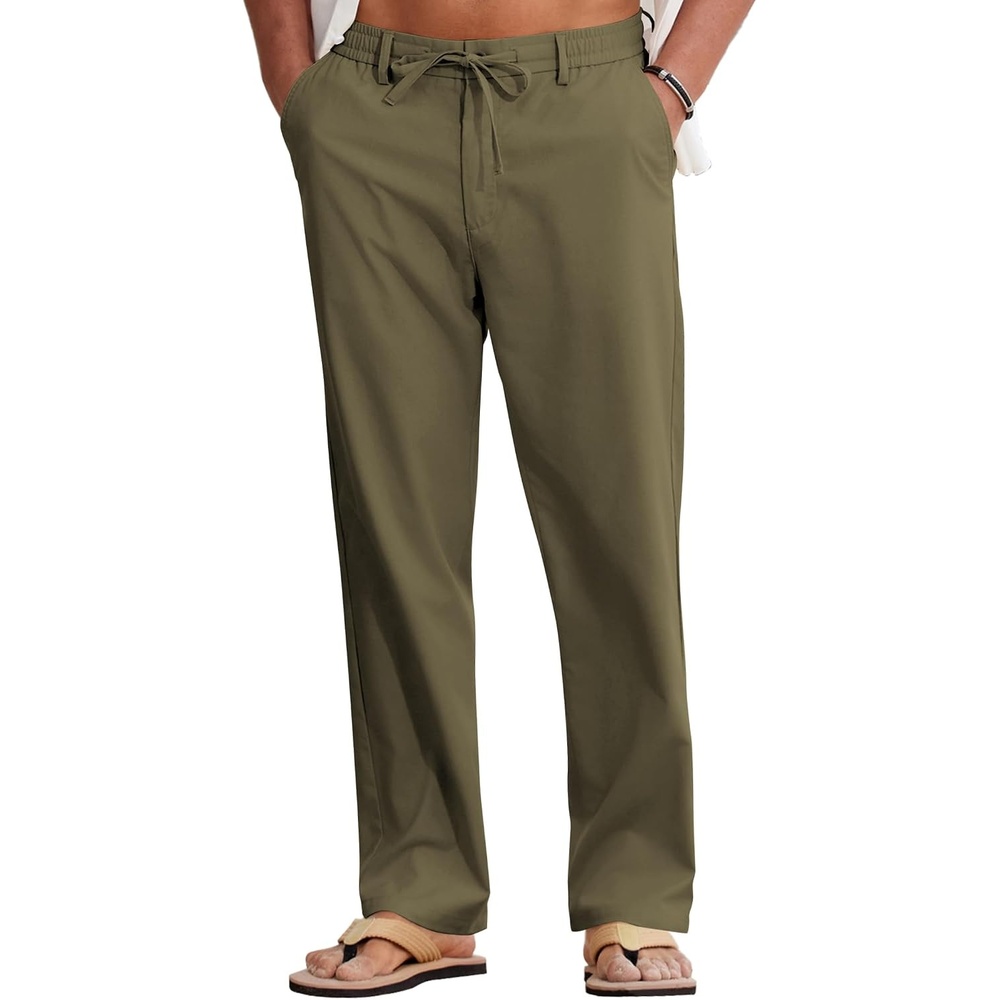 image:imageCOOFANDY Mens Cotton Linen Pants Casual Lightweight Summer Beach Dress Pant Light Weight Drawstring Elastic Waist Stretch Soft Breathable Classic Fit Summer VacationOlive Green