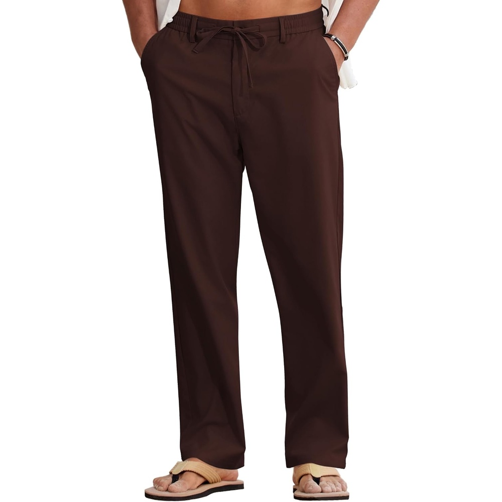 image:imageCOOFANDY Mens Cotton Linen Pants Casual Lightweight Summer Beach Dress Pant Light Weight Drawstring Elastic Waist Stretch Soft Breathable Classic Fit Summer VacationBrown