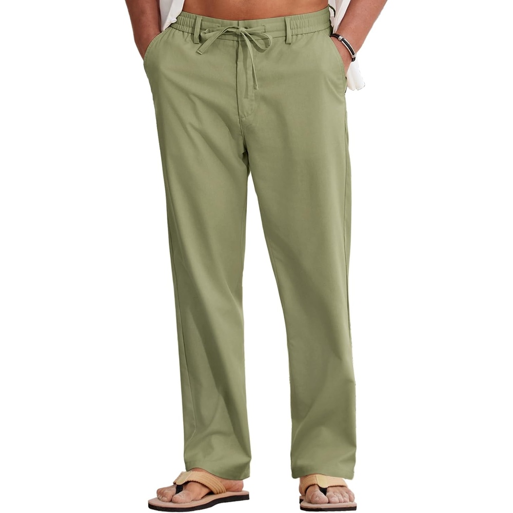 image:imageCOOFANDY Mens Cotton Linen Pants Casual Lightweight Summer Beach Dress Pant Light Weight Drawstring Elastic Waist Stretch Soft Breathable Classic Fit Summer VacationArtichoke Green