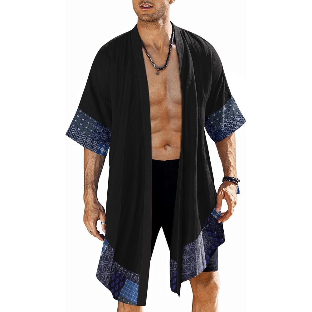 image:imageCOOFANDY Mens Long Shawl Collar Linen Cardigan Lightweight Kimono Robe  Open Front Drape Cape Kaftan Summer Beach Pool Cover Up Burning Man Rave Festival Outfits Cardigan JacketsAblack
