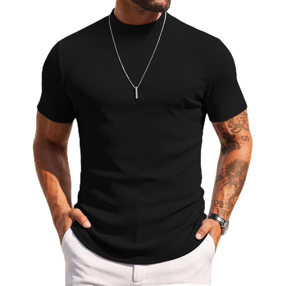 image:imageCOOFANDY Mens Mock Turtleneck Sweater Short Sleeve Slim Fit Casual Sweaters Slim Fit Casual Basic TeeRibbed Knit Pullover TopsPerfect for Casual Outings Daily WearAblack