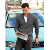 COOFANDY Mens Cardigan Sweater Cable Knitted Full Zip Sweaters with Pockets | Warm Ribbed Cuff Zip Sweater, Two Front Pockets Sweater for Fall & Winter, Casual & Christmas Gift(Heathered Black)