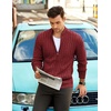 COOFANDY Mens Cardigan Sweater Cable Knitted Full Zip Sweaters with Pockets | Warm Ribbed Cuff Zip Sweater, Two Front Pockets Sweater for Fall & Winter, Casual & Christmas Gift(Wine Red)