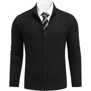 COOFANDY Mens Cardigan Sweater Cable Knitted Full Zip Sweaters with Pockets | Warm Ribbed Cuff Zip Sweater, Two Front Pockets Sweater for Fall & Winter, Casual & Christmas Gift(02 Black)