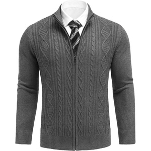 COOFANDY Mens Cardigan Sweater Cable Knitted Full Zip Sweaters with Pockets | Warm Ribbed Cuff Zip Sweater, Two Front Pockets Sweater for Fall & Winter, Casual & Christmas Gift(02 Gray)