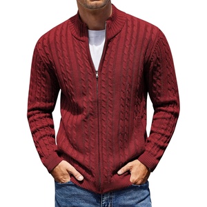 COOFANDY Mens Cardigan Sweater Cable Knitted Full Zip Sweaters with Pockets | Warm Ribbed Cuff Zip Sweater, Two Front Pockets Sweater for Fall & Winter, Casual & Christmas Gift(Wine Red)